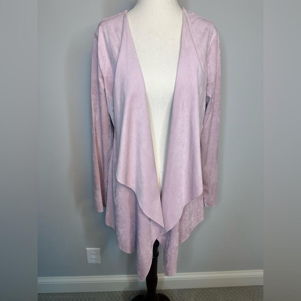 Sz M Soft Surroundings pale rose pink faux suede open front longline jacket
